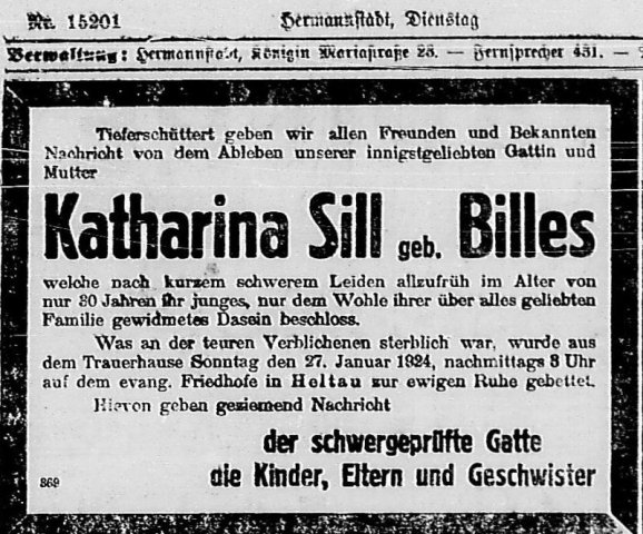 Billes Katharina 04.09.1894 Todesanzeige